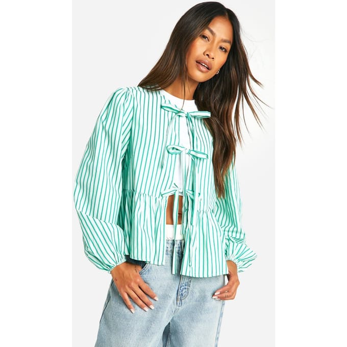 boohoo Dames Green Stripe Tie Front Puff Long Sleeve Smock Top | Groente | Maat: 38