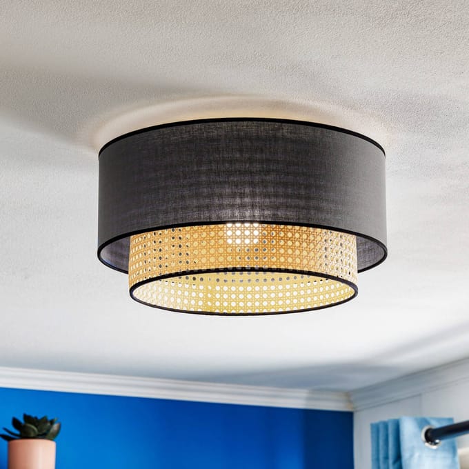 Duolla Boho-plafondlamp, zwart/hout, Ø 45 cm, textiel/rotan