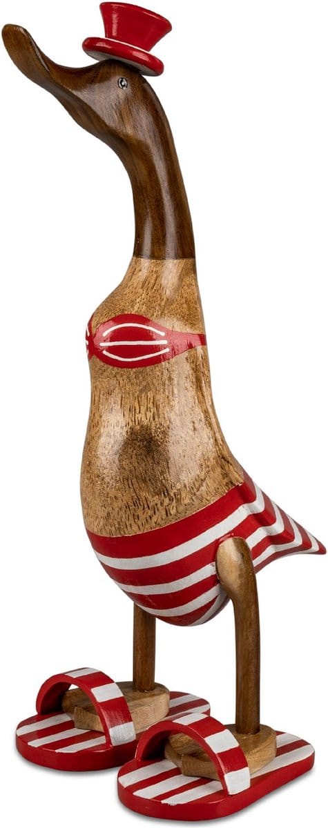Eend - Decoratie - Hout - Duurzaam - 50cm. - Bruin - Rood