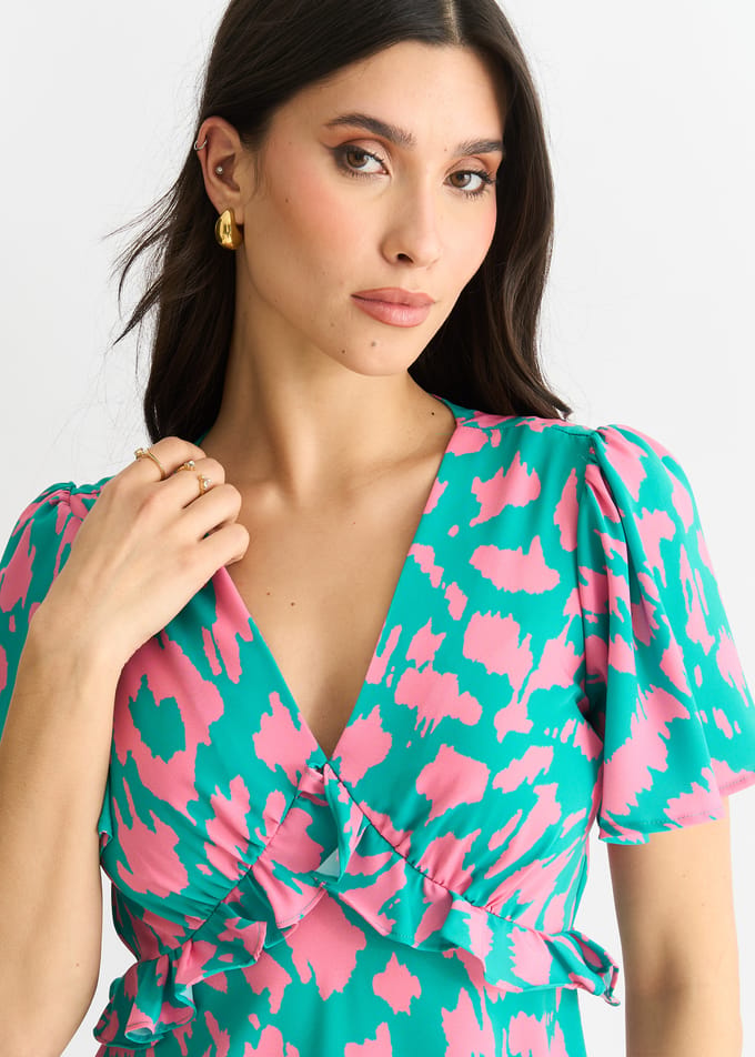 Groene dierenprint V-hals midi-jurk met ruches