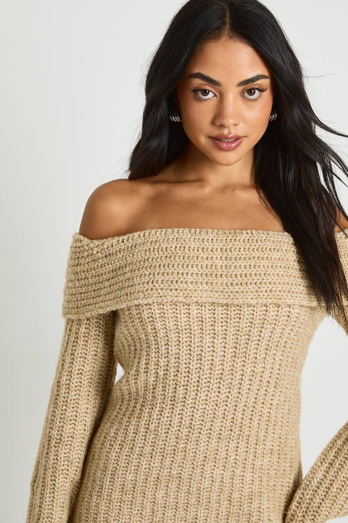 boohoo Dames Chunky Gebreide Bardot Mini Jurk | Cream | Maat: Small