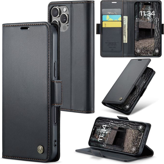 CaseMe Wallet Case met RFID Bescherming en Magneetsluiting voor iPhone 16 Pro Max _ Zwart