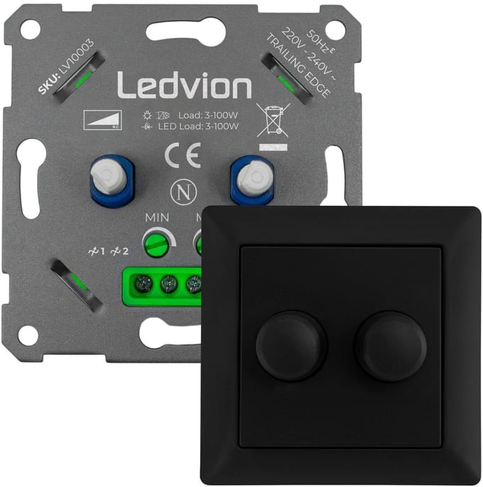 Ledvion - LED Duo Dimmer 3-100W - Incl. Zwarte Afdekplaat - Universeel