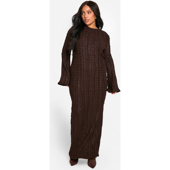 boohoo Dames PLUS GETEXTUREERDE MAXI-JURK MET UITLOPENDE MOUWEN | Chocolate | Maat: 28