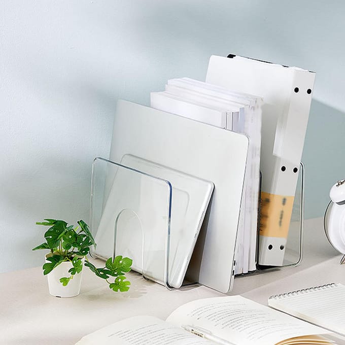 Bureau 3-vaks boekensteun Transparant Verticaal Boekenorganizer Verdeler Boek Bureauplank voor School transparant