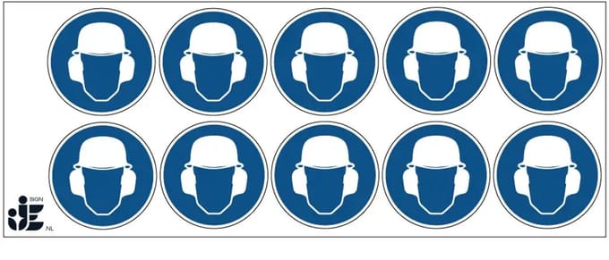 Oorkap en helm verplicht gebodssticker | 5 cm - 10 stuks per vel