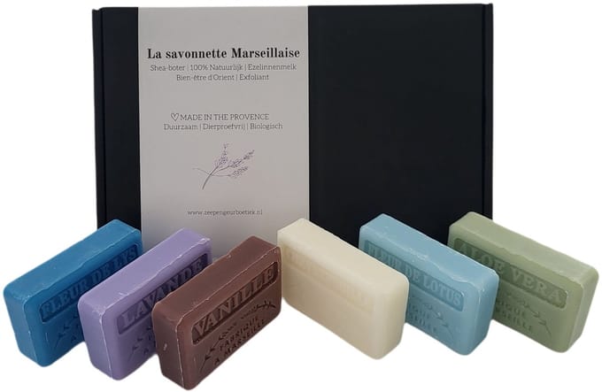 Soap bar set savon de marseille Fleur de lys, fleur de lotus, lavendel, vanille, aloe vera, chevrefeuille 6x125 gr.