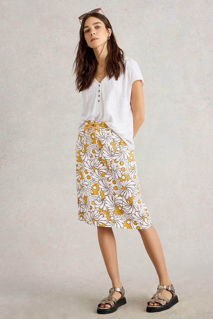 White Stuff Evie Linen Blend Skirt Yellow Print Größe: 20 REGULAR | Midiröcke Outlet | Damen | Weiß