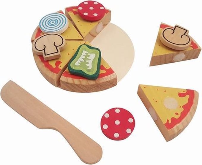 Houten speelgoed pizza met mes