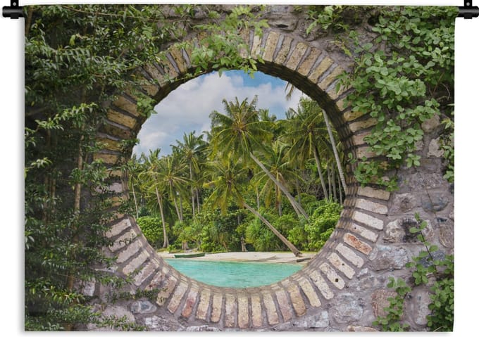 Wandkleed - Wanddoek - Doorkijk - Palm - Tropisch - Strand - zee - 60x45 cm - Wandtapijt
