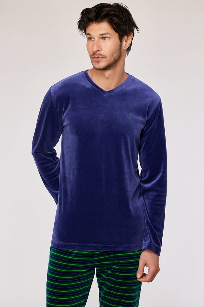 Woody pyjama heren velours - donkerblauw - 252-10-MVL-V/897 - maat S