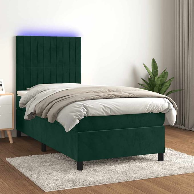 vidaXL - Boxspring - met - matras - en - LED - fluweel - donkergroen - 100x200 - cm