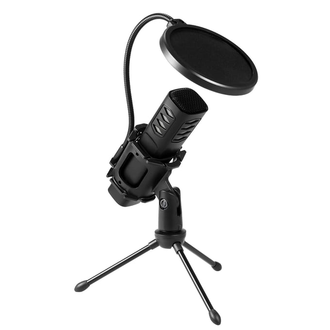 USB-microfoon, cardioïde condensatormicrofoon met statief, popfilter, schokdemper voor gamingstreaming zwart