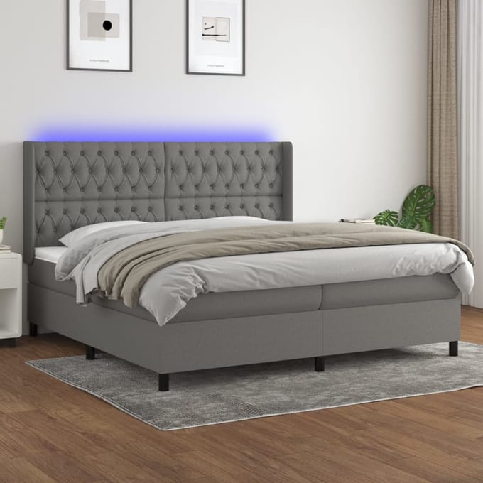 vidaXL - Boxspring - met - matras - en - LED - stof - donkergrijs - 200x200 - cm