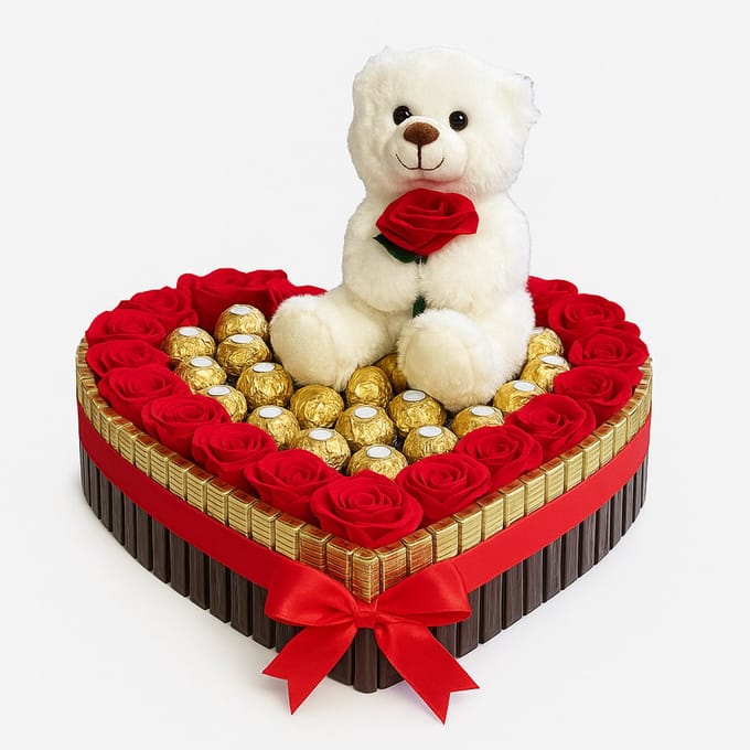 Luxe Snoeptaart met Witte Teddybeer, Rozen & Ferrero Rocher – Luxecadeaumanden