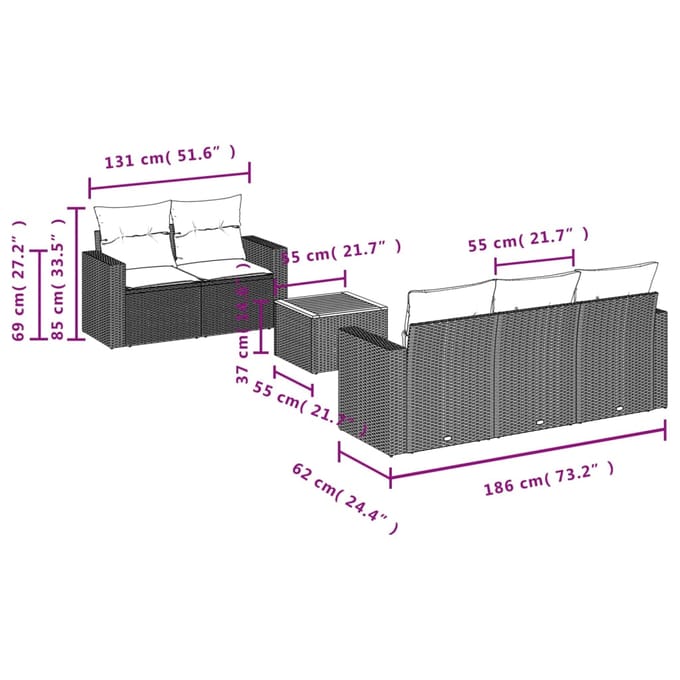 vidaXL - 6-delige - Loungeset - met - kussens - poly - rattan - beige