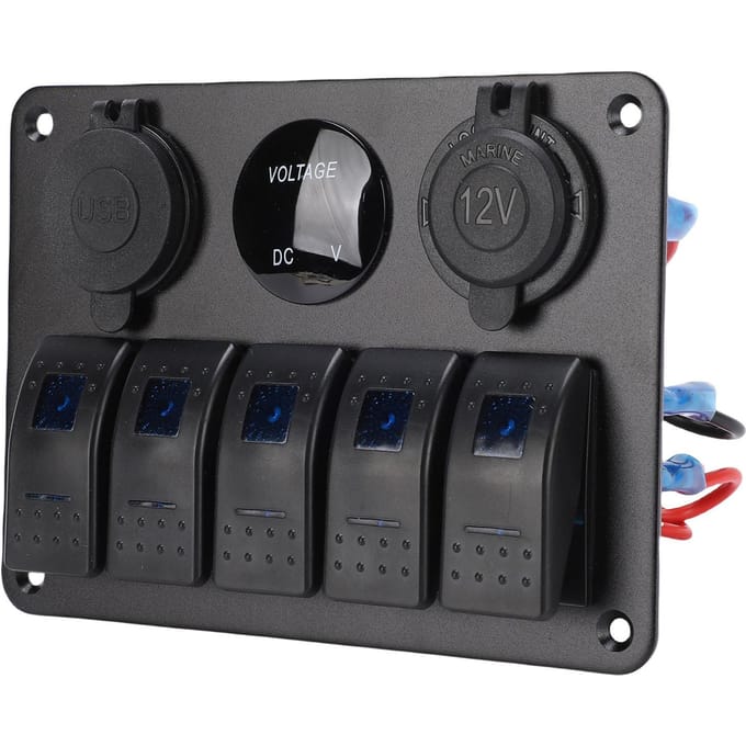 5-voudige tuimelschakelaar Aluminium paneel met blauwe achtergrond Dubbele USB-poorten Voltmeter Waterdicht Aan Uit tuimelschakelaar black