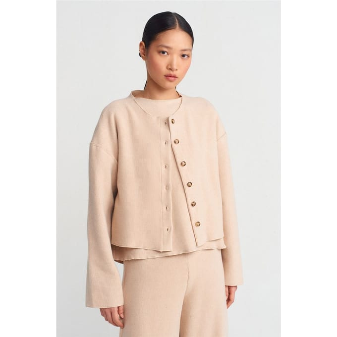 Dames Ribbels Crew Neck Knopen Cardigan