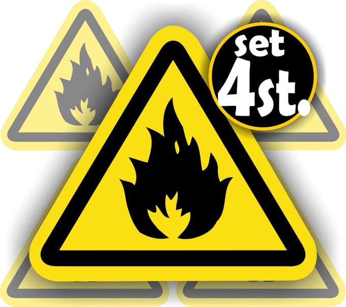 Jerma - Vuur brandgevaar - ISO norm - Stickers - 4 st - 10 cm breed - Weerbestendig - Zelfklevend