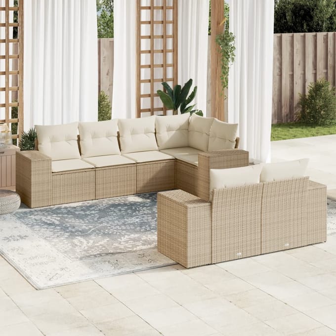 vidaXL - 7-delige - Loungeset - met - kussens - poly - rattan - beige