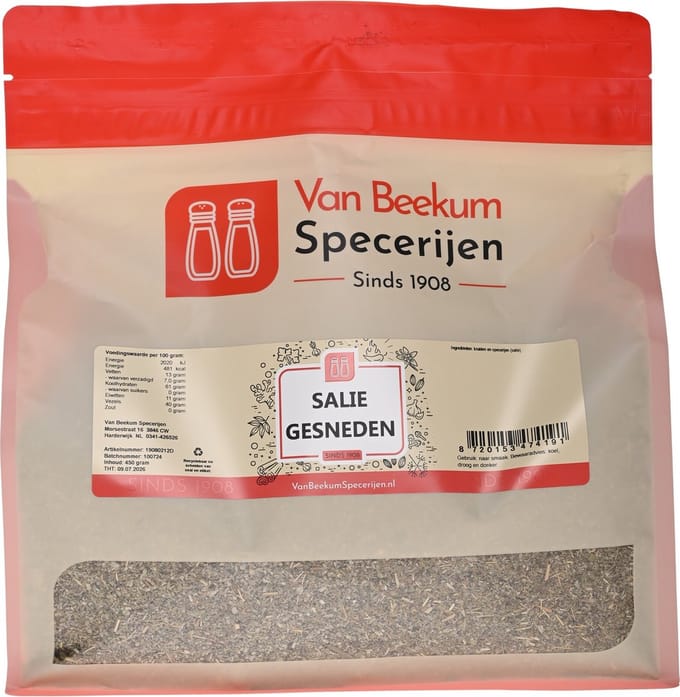 Van Beekum Specerijen - Salie Gesneden - 450 Gram (hersluitbare stazak)