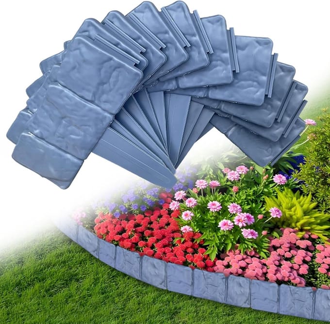 Gazonrand kunststof - steenlook - 10 stuks - antraciet - 2,5 m