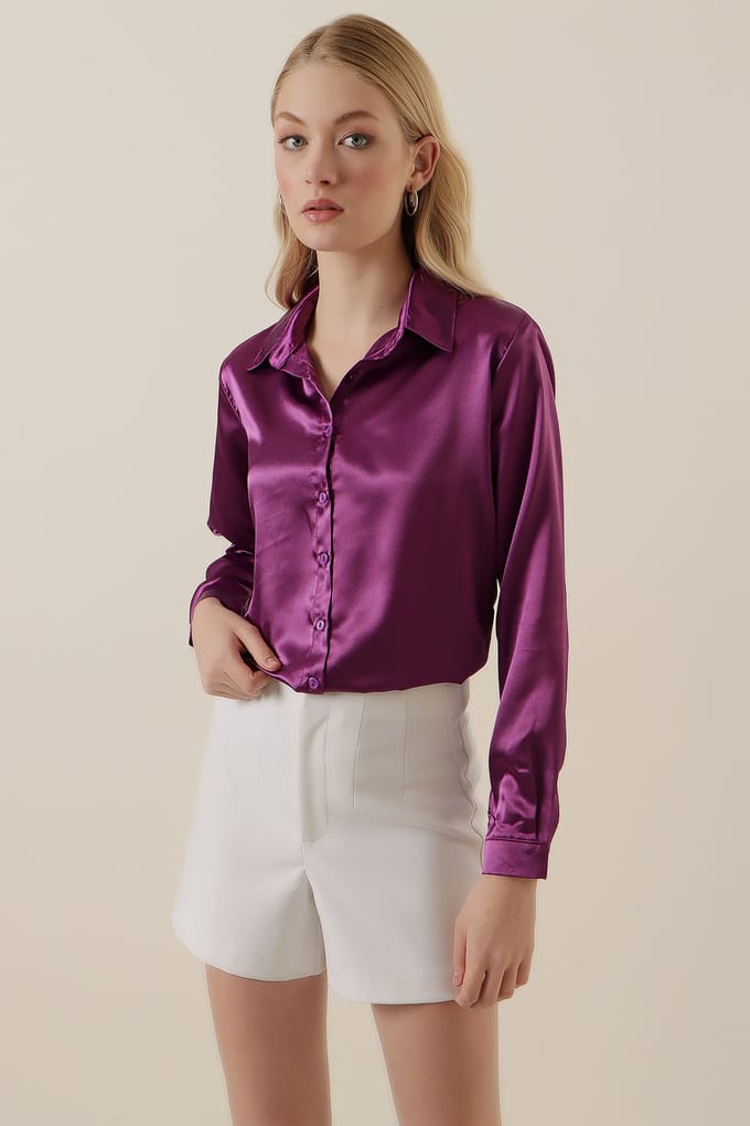 Satin Lange Mouwen Overhemd met Knoopsluiting