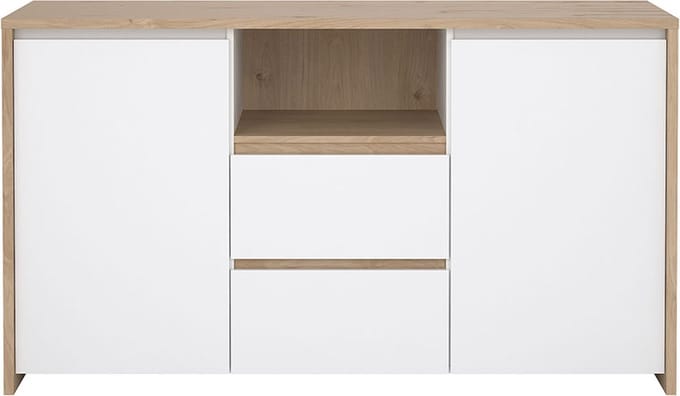 Next dressoir 2 deuren, 2 lades, 1 plank eiken decor, wit hoogglans.