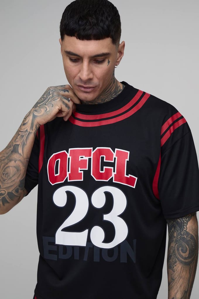 Tall Oversized Boxy Mesh OFCL 23 Printed T-Shirt | Black | Size Medium
