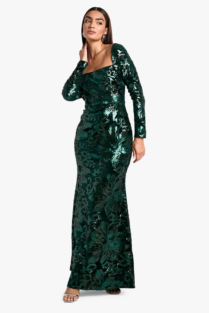 boohoo Dames Square Neck Demask Sequin Maxi Dress | Smaragdgroen | Maat: 36
