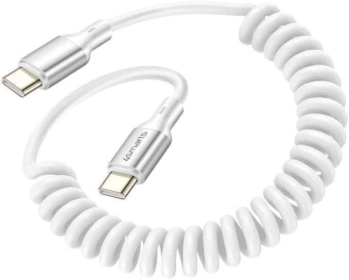 4smarts, Spiraal USB-C naar USB-C Kabel 100W - Oprolbaar - 480Mbps Data - 12-50cm, Wit