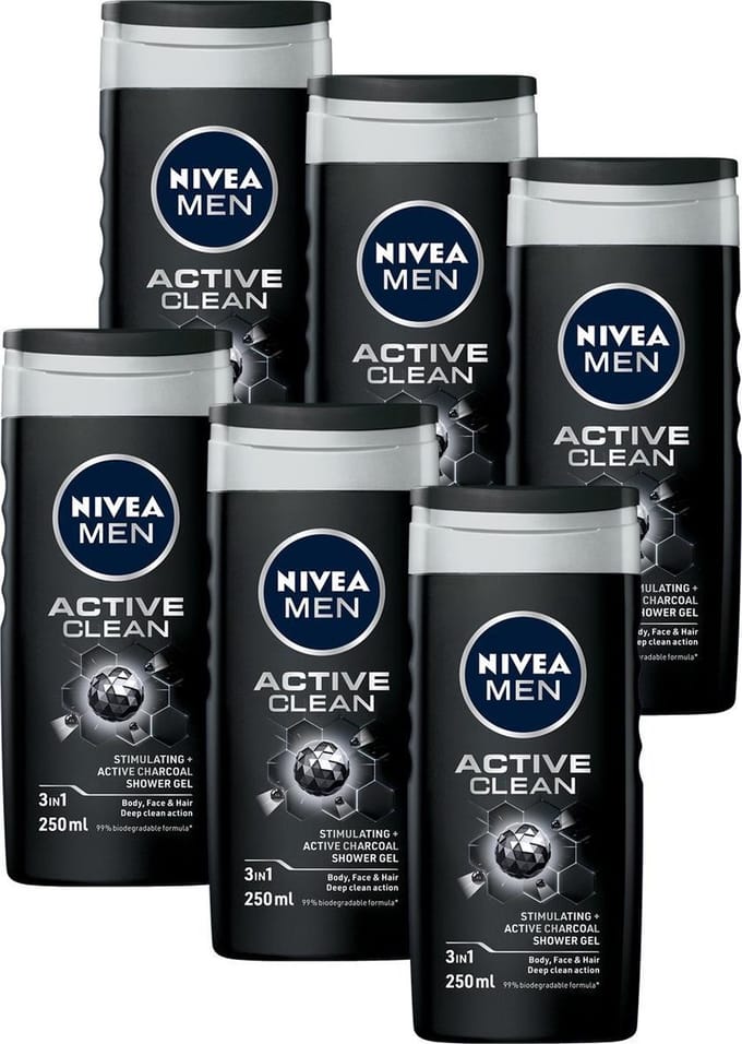 NIVEA MEN Active Clean Douchegel - 6 x 250 ml - Voordeelverpakking