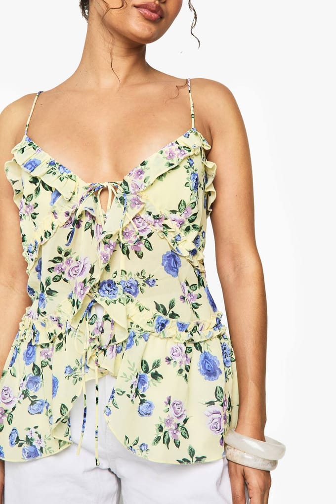 boohoo Dames Geweven Bloemenprint Ruffle Cami | Lemon | Maat: XS