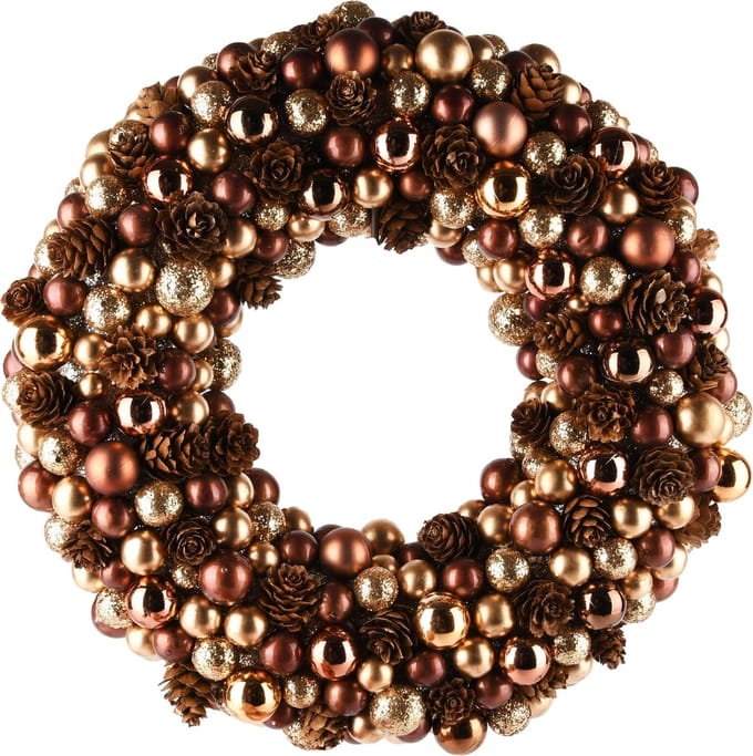 Dekoratief | Krans m/kerstballetjes, bruin/goud/brons, pvc, 33x33x6cm | A245282