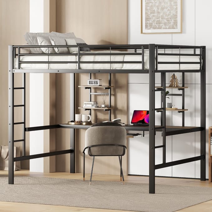 Hoogslaper 140x200 cm Zonder Matras – Met Bureau, 2 Boekenplanken en Uitschuifbare Toetsenbordlade – EN747 Gecertificeerd – Zwart