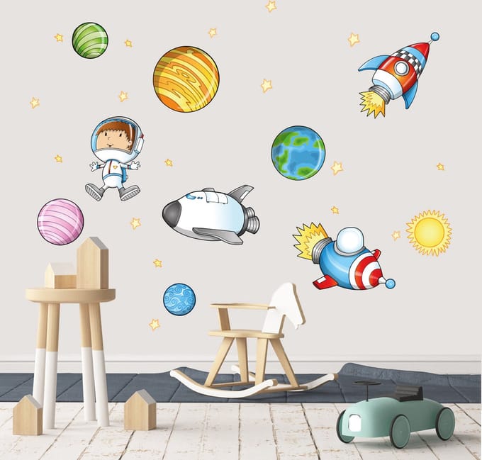 Muursticker ruimte raketten, planeten en sterren