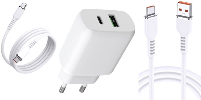 USB C Adapter 25W - USB C Oplader - Adapter USB C met 2x USB C kabel - 2 Poorten - Wit