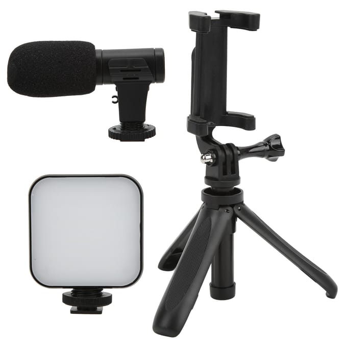 Kit Vlogging Smartphone Kit Microphone Vidéo pour Téléphone Diffusion en Direct avec Lumière d'Appoint Trépied et Téléphone white