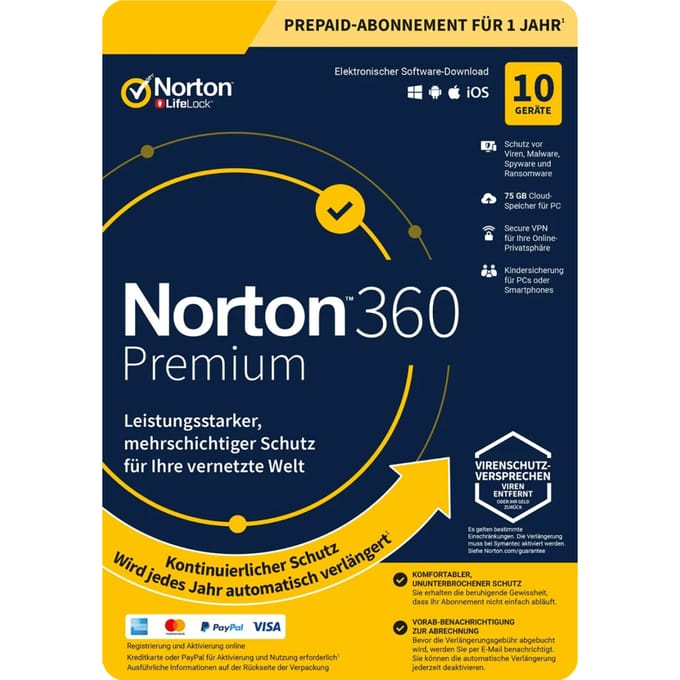 Norton 360 Premium - 10 apparaten 1 jaar - 75 GB Back-up - Download
