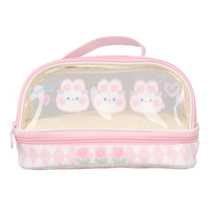 Schattig Konijn Pennenzak Konijnenpatroon Dubbellaags Waterdicht Transparant Kawaii Etui Roze white