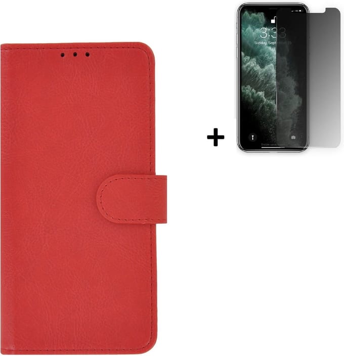 HoesjeGeschikt voor iPhone 11 Pro Max + Screenprotector 11 Pro Max - iPhone 11 Pro Max Hoes Wallet Bookcase Rood + Privacy Tempered Glass
