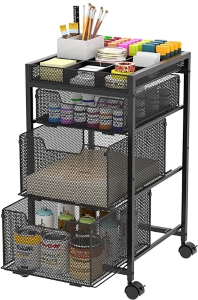 Rolwagen met 3 Laden en Afsluitbare Wielen - Multifunctionele Organizer voor Kunstbenodigdheden