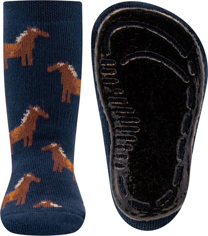 Ewers Antislipsok Donkerblauw met Bruine Paarden - Siliconenzool-19/20