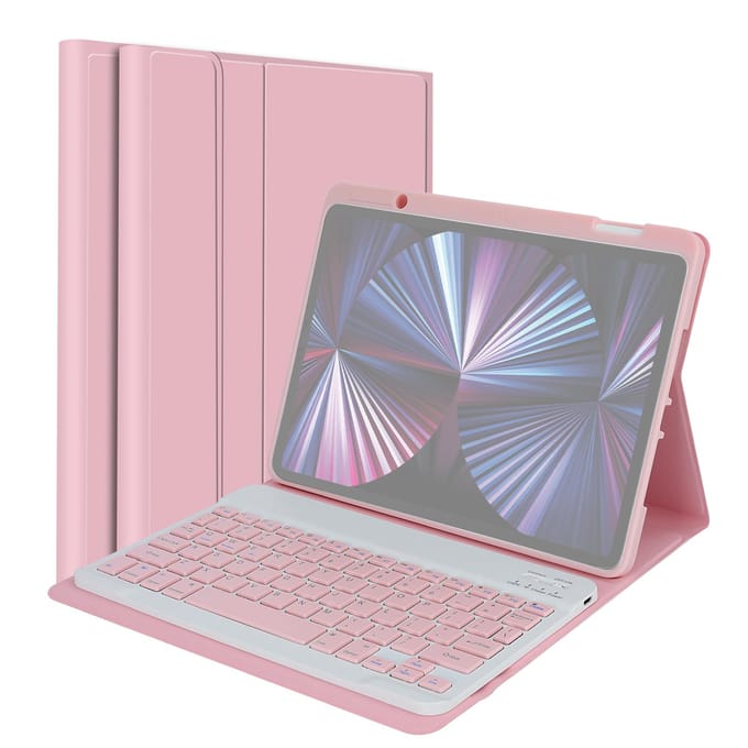 Clavier USB sans fil BT avec étui de protection en cuir PU pour tablette Compatible avec iPad Air rose