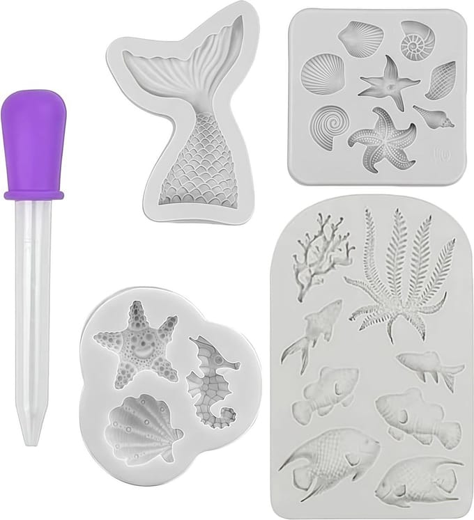 Mermaid Tail Shell Shell Snail Mermaid Tail Seaweed Fish Shape DIY Silicone Fondant Cupcake Baking Tool (4 Grey) - ShopVlot