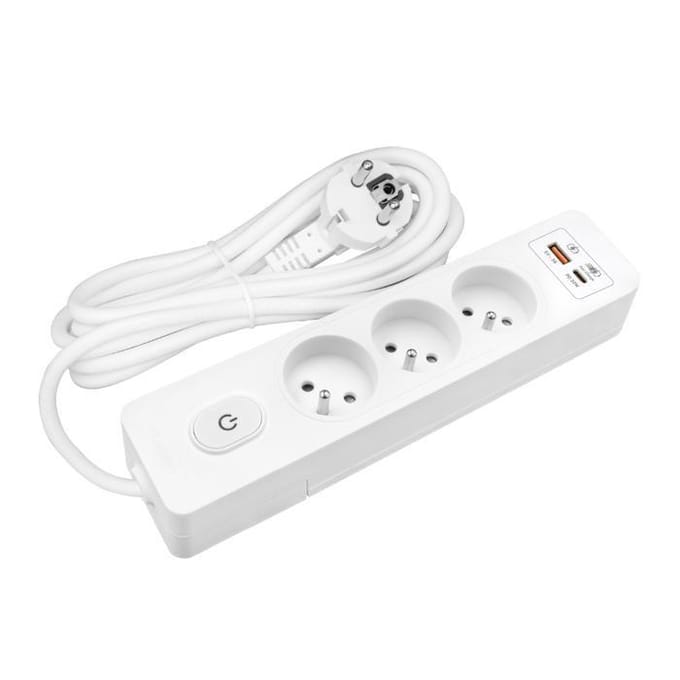 Stekkerdoos SELDUR G3FH52B, 3 stopcontacten type E + schakelaar, USB A+C snelladen 20W, Wit, 5m kabel wit