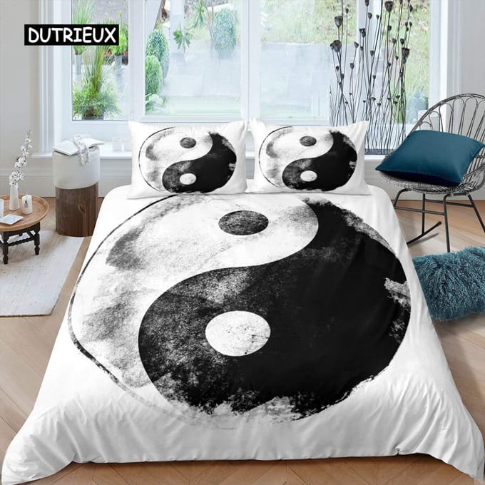Ensemble Housse de Couette Yin Yang Boho Art Trippy Twin Housse de Couette Gossip Thème Ying Yang Traditionnel King Size Housse de Couette en Polyester 150x200cm 3pcs