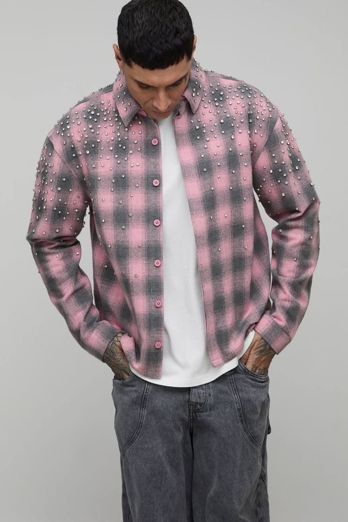 Lang Oversized Shirt Met Juweelversiering In Zware Geruite Stof | Pink | Size Medium