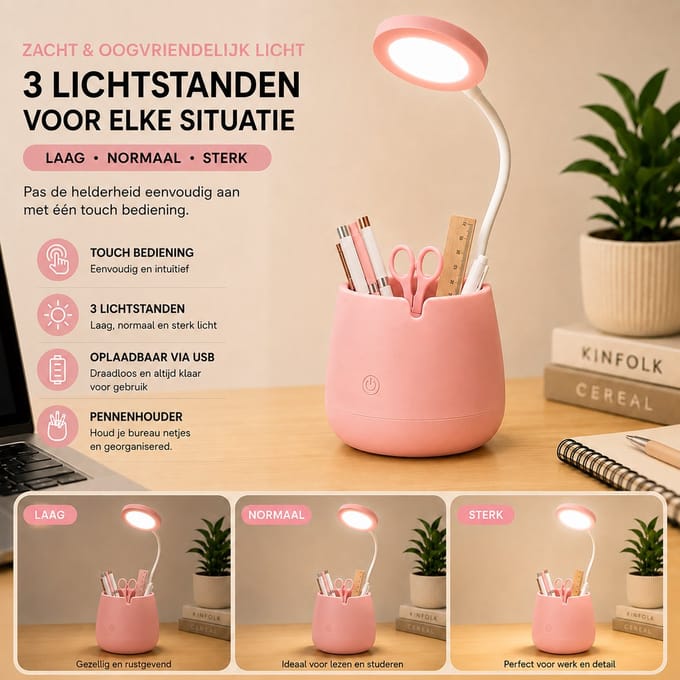 LED Bureaulamp met Pennenhouder – Draadloos – USB Oplaadbaar – Touch Bediening – Roos