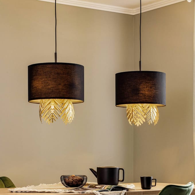Lucande - hanglamp - 6lichts - Stof, strijkijzer - H: 39.4 cm - E27 - zwart, goud